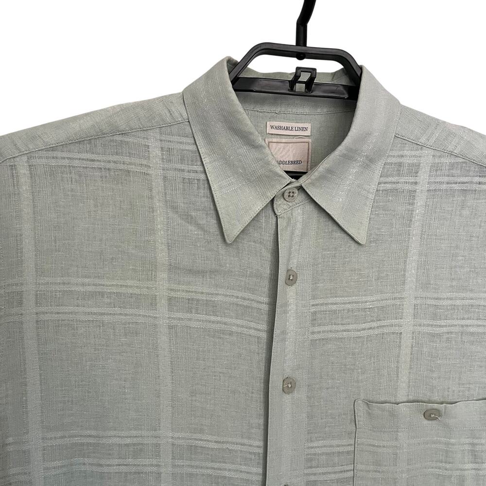 Saddlebred Linen Blend Button Men Shirt XL Sage Preppy Coastal Granpa Windowpane
